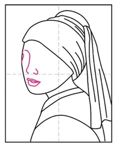 a drawing of a woman's face with a pink line on the forehead and her hair in a turban