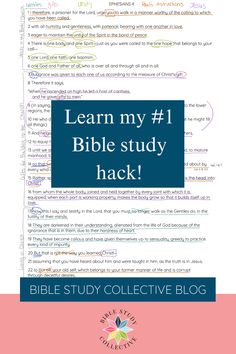 the bible study guide with text that reads learn my 1 bible study hack and an image of