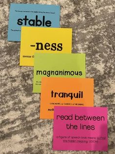 four pieces of paper with different types of words on them, all in different colors