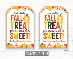 two fall treat tags with pumpkins and leaves