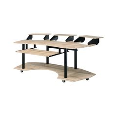 three tiered table with black metal legs and two shelves on each side, in front of a white background