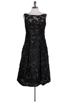 Current Boutique-Theia - Black Embroidered Sequin Dress Sz 10 Formal Lace Dresses With Floral Applique, Formal Floral Lace Applique Dresses, Spring Evening Lace Dress With Sequins, Lace Party Dress With Floral Applique, Spring Gala Lace Dress With Floral Embroidery, Fitted Floral Applique Lace Evening Dress, Gala Lace Dress With Floral Embroidery, Elegant Lace Dress With Floral Applique For Party, Formal Lace Dress With Sequins