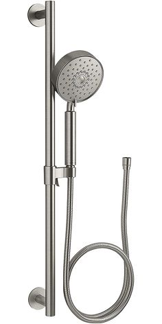 This all-in-one kit makes it easy to upgrade your showering space with a Purist® multifunction handshower. The complete kit includes the handshower, hose, slidebar and slidebar trim. An advanced spray engine provides three experiences-full coverage, pulsating massage or silk spray-all enhanced with Katalyst® air-induction technology for a completely indulgent showering experience. Ergonomic design offers ideal balance and weight in the hand. KOHLER Purist 3-Settings Vibrant Brushed Nickel 5-in R Kohler Shower System, Kohler Shower, Kohler Purist, Boy Bath, Bath Faucet, Handheld Shower Head, Hand Held Shower, Shower Systems, Sore Muscles