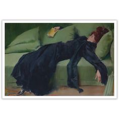 a painting of a woman laying on a green couch with her head in the pillow