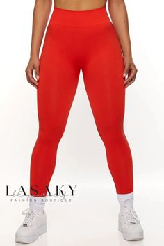 Lasaky - High-Quality Athletic Set: Womens Seamless Yoga Leggings with Butt Lift, Sports Bra, and Halter Top High Stretch Red Athleisure Leggings, Compressive Red Gym Leggings, Red Compressive Gym Leggings, Red Compression Yoga Leggings, Red Compression Leggings For Yoga, Red Stretch Yoga Pants With Breathability, Red Stretch Breathable Yoga Pants, Seamless Training Pants, Red Tight Activewear For Yoga