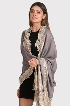 MOUSSE SILK AND WOOL SCARF WITH A SILVER FLORAL LACE BORDER