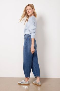 A bowed, tapered leg creates the chic silhouette of these EVEREVE barrel jeans, featuring a high-rise fit, ankle-length hems, and soft dark-wash denim for a vintage feel. Pair with a pullover and sneakers during the day, then switch to a blouse and heels for a night-out look. | EVEREVE Women's Ever Vintage Barrel Jeans, Size 32, Blue Blue Mom Fit Jeans For Fall, Fall Dark Wash Tapered Leg Cropped Jeans, Modern Tapered Leg Cropped Jeans For Fall, Modern Cropped Tapered Leg Denim Jeans, Chic Washed Blue Jeans For Fall, Modern Cropped Tapered Leg Jeans, Modern Tapered Leg Cropped Denim Jeans, Workwear Medium Wash Tapered Leg Cropped Jeans, Medium Wash Tapered Leg Cropped Jeans For Work