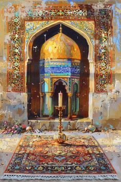 an oil painting of a mosque with a candle in the middle and flowers on the ground