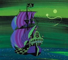 a painting of a ship in the ocean with green and purple stripes on it's sails