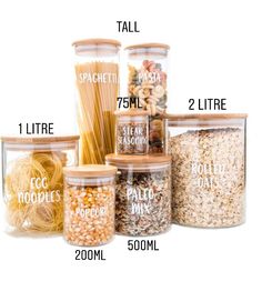 labeled food storage containers with labels for different types of foods in each container, including pasta, spaghetti, and other items