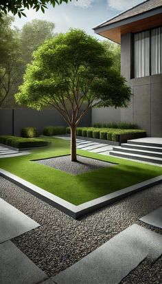 a small tree in the middle of a courtyard with steps leading up to it and grass on the ground