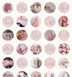 a collage of photos with pink and white items