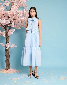 Sister Jane bow shirt midi dress in blue | ASOS Shirt Midi Dress, Formal Dresses Graduation, Sister Jane, Bow Shirt, Bow Shirts, Fitted Midi Dress, Pretty Blouses, Winter Party Dress, Long Sleeve Floral Dress