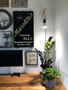 a wooden table topped with a potted plant next to a computer monitor