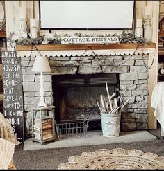 a fireplace with a sign above it that says cottage rentals on the mantle and fire place