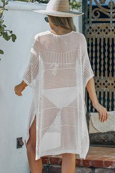 White Knitted Hollow-out Beach Cover Up with Slits White Knit Beachwear Cover-up, White Knitted Cover-up For Vacation, Open Knit Cover-up For Vacation Day Out, Vacation Open Knit Cover-up For Day Out, White Open Knit Cover-up For Day Out, Casual Hollow Out Cover-up For Vacation, Long Open Knit Beach Cover-up, Open Knit Cover-up For Day Out, Knit Open Knit Cover-up For Day Out