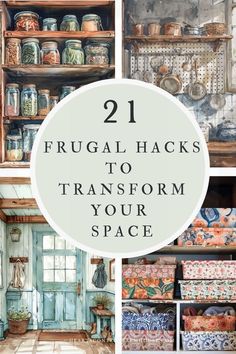 some shelves with pots and pans on them in front of the words, 21 frugal hacks to transform your space