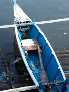 a small blue boat sitting on top of a body of water