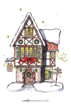 a drawing of a house decorated for christmas