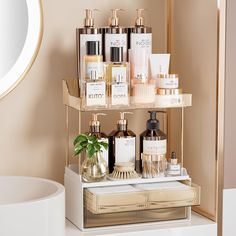 a bathroom shelf filled with different types of skin care products on top of a white counter