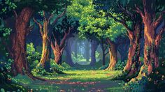 a painting of a forest with lots of trees