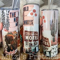 three tumblers with the words motel on them