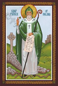 an icon of saint patrick holding a sign