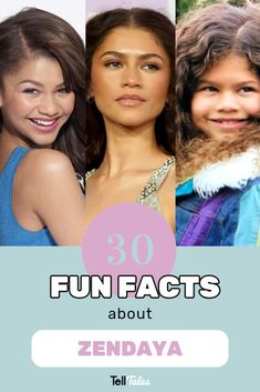 some girls are smiling and posing for the camera with text that reads 30 fun fact about zendaya