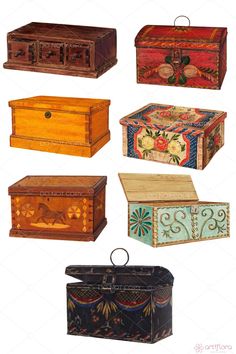 six wooden boxes with designs on them are shown in different sizes and colors, including one is