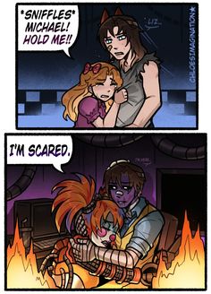 a comic strip with an image of a woman hugging a man in front of a fire