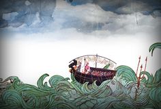 a painting of a boat in the middle of water with clouds above it and people on board