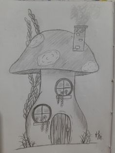 a drawing of a mushroom house in the woods