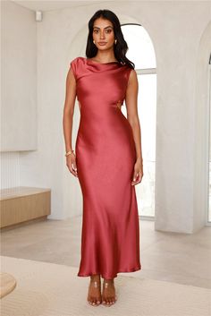 Length from shoulder to hem of size S: 140cm. Chest: 40cm, Waist: 33cm, across front only of size S. Maxi dress. Semi-lined. Model is a standard XS and is wearing size XS. True to size. Non-stretch. Satin. Cowl back. Open back. Straight silhouette. Zipper with hook eye closure. Cold hand wash only. Polyester/Spandex. Enter in pure class with the Luxe Destinations Satin Maxi Dress. Featuring a cowl back with a cutout and a silky, satin silhouette. Style with heels for a fancy event. Coral Mini Dress, Long Bodycon Dress, Rust Dress, Satin Maxi, Satin Maxi Dress, Halter Maxi Dresses, Mini Dresses Summer, Long Sleeve Bodycon Dress, Maxi Dress Blue