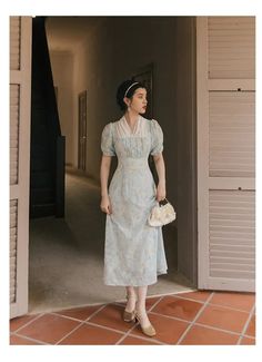 Kukombo Back to school Korean Design Women Long Dress Summer Vintage L Retro Blue Puff Sleeve Dress, Casual Blue Vintage Dress With Short Sleeves, Vintage Dresses Victorian, Long Dress Summer, Real Princess, Elegant Midi Dresses, Korean Design, Summer Vintage, Long Summer Dresses