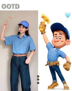 a woman in blue shirt standing next to an image of a cartoon character holding a wrench