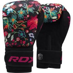 a pair of black boxing gloves with colorful flowers on the front and back of it