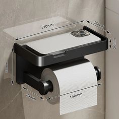 an image of a toilet paper holder attached to the side of a wall with measurements