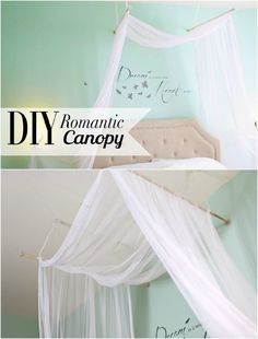 two pictures of a canopy bed with white drapes over it and the words diy romantic canopy