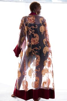 burgundy red gold kimono duster Elegant Silk Kaftan With Sheer Dupatta, Elegant Red Wrap Kimono, Elegant Silk Kimono For Festive Occasions, Elegant Long Red Robe, Elegant Sheer Party Kimono, Elegant Red Festive Kimono, Elegant Red Party Kimono, Elegant Gold Kimono For Party, Elegant Silk Kimono For Festivals