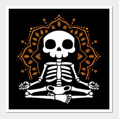 a skeleton sitting in the middle of a yoga pose with an orange and black background