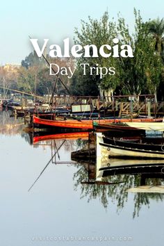 several boats are docked in the water with trees and buildings in the background that says valencaa day trips