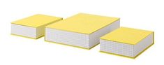 three yellow and white post - it notes stacked on top of each other in front of a white background