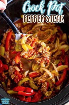 a spoon full of beef and peppers in a crock pot with the title above it