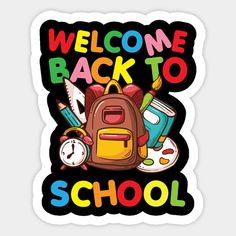 the back to school sticker is shown with backpacks and other items on it