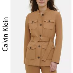 Klein Womens Jacket Brown Size 10 Belted Utility Button-Up $149 Brand: Calvin Klein Condition: New With Tags Product Details: Color: Browns Size Type: Regular Size (Women's): 10 Type: Jacket Style: Trench Coat Outer Shell Material: Polyester With Showders Pads 65% Polyester 31% Rayon 4% Spandex Calvin Klein Beige And Ivory Print Long Sleeve Button Down Blouse, Womens Brown Jacket, Safari Jacket Women, Velvet Blazer Women, Black Tuxedo Jacket, Grey Calvin Klein, Satin Blazer, Safari Jacket, Safari Style