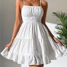 Shein Petite Swiss Dot Shirred Ruffle Hem Cami Cottagecore White Mini Dress, Short White Dress Summer, Short Summer Dresses Casual, White Summer Dresses For Women, Casual White Dress Short, Short White Dress Outfit Casual, White Sun Dress Short, Cute White Dresses Casual, Simple Cute Dresses Casual