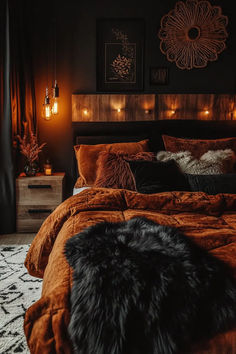 DIY fall decor for bedroom showcasing handmade seasonal touches 2 Highland Bedroom Ideas, Bedding Colour Scheme Rust, Burnt Orange Bed Set, Master Bedrooms Maroon, Cinnamon And Black Bedroom, Bedrooms Cozy Aesthetic, Room Inspiration Bedroom For Couples, Rust Black Bedroom, Dark Gray And Burnt Orange Bedroom