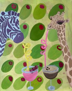 a painting of giraffes, zebra and wine glasses