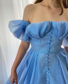 Details:-Bright cerulean blue color-Organza fabric-A-line with buttoned top, repleted sleeves and open skirt-For special occasions Bustier Prom Dress, Prom Dress Off Shoulder, Prom Dress Elegant, Teuta Matoshi, Organza Gowns, Prom Dresses Elegant, Floor Length Prom Dresses, Evening Dresses With Sleeves, Elegant Prom Dresses