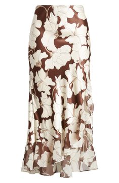 Silk Flowy Skirt With Floral Print, Silk Floral Print Flowy Skirt, Silk Floral Print Skirt, Silk Floral Print Midi Skirt, Brown Flowy Floral Print Skirt, Flowy Brown Floral Print Skirt, Flowy Brown Skirt With Floral Print, Brown Flowy Skirt With Floral Print, Satin Slip Skirt